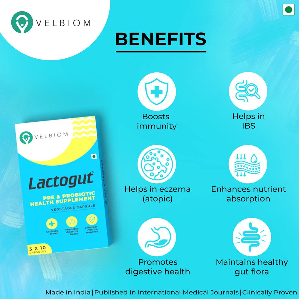 Velbiom Lactogut | Probiotics Supplement for Digestive Health, Gut Health & Immunity 30 Capsules