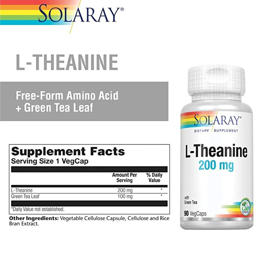 Solaray L-Theanine - 90 Vegcaps - 200 Mg + 100 Mg Green Tea Leaf