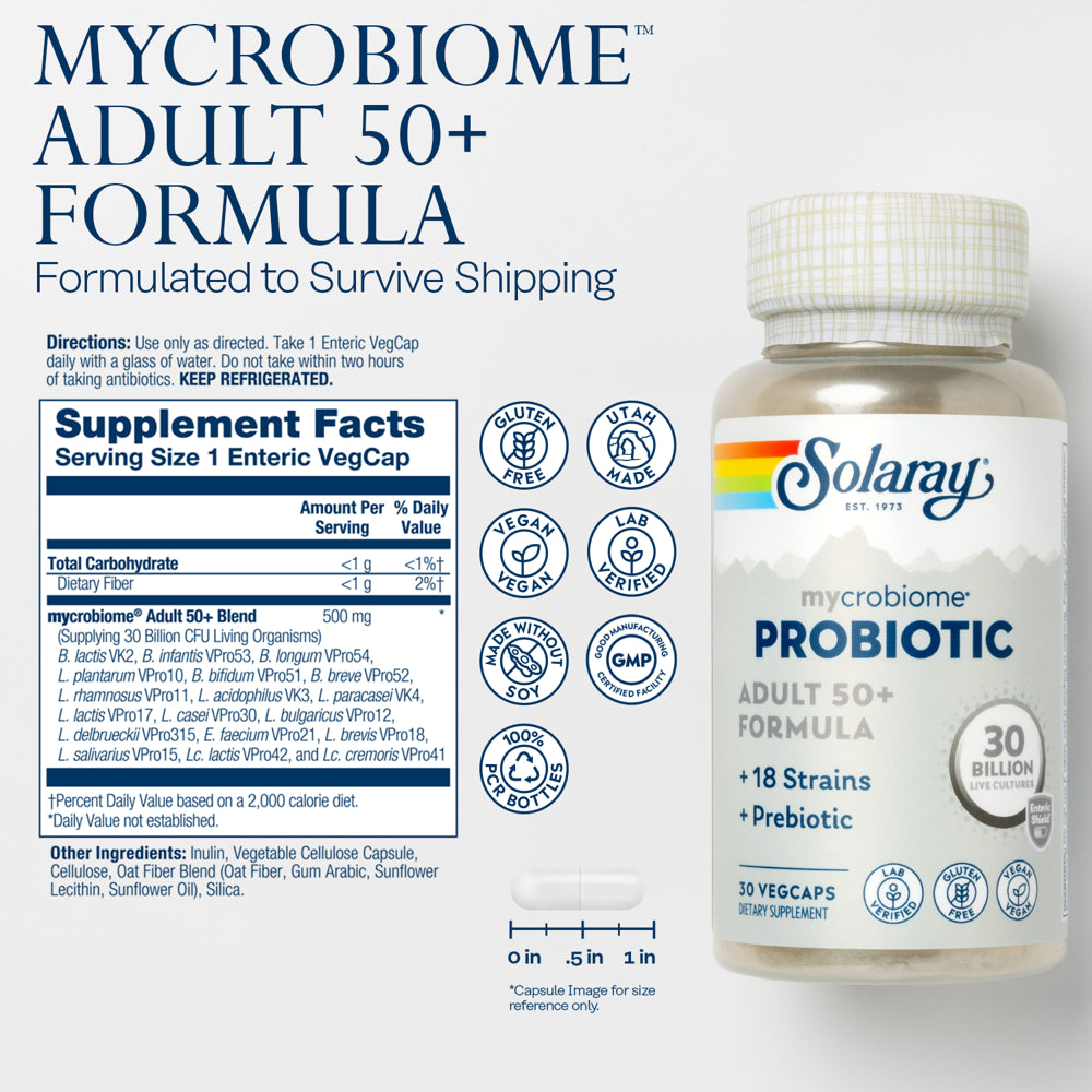 Solaray Mycrobiome Probiotic Adult 50+ Formula | Healthy Digestion, Metabolism, Energy, Colon & Urinary Tract Support | 30 Billion CFU | 30 Vegcaps