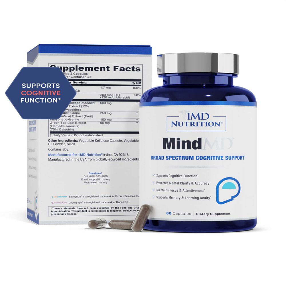 1MD Nutrition Mindmd - Brain Supplement for Memory and Focus - Bacopa Monnieri for Nootropic Brain Support - Brain Health Supplement for Adults - with Vitamin B6 & Green Tea Extract - 60 Caps