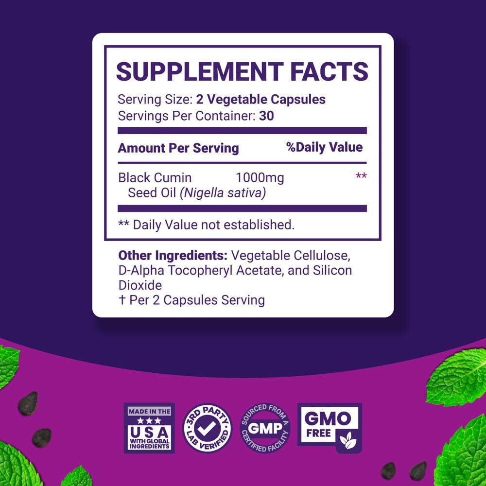 Premium Black Seed Oil Capsules - Nigella Sativa Pills for Digestive Health Immune Support and Brain Booster Antioxidant Supplement - Full Spectrum Black Cumin Seed Oil Capsules 1000Mg per Serving