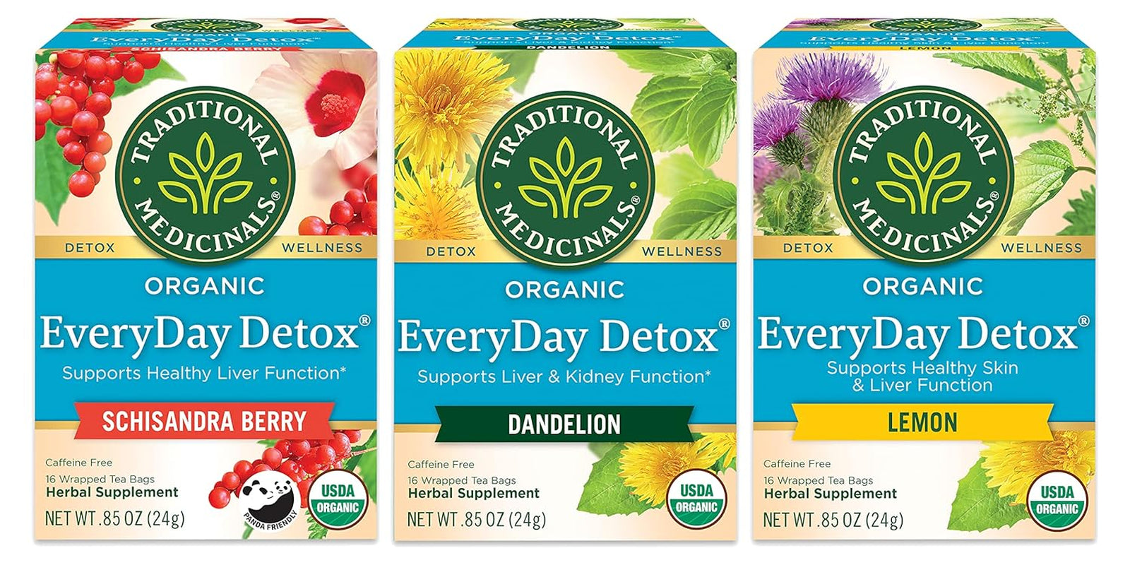 Traditional Medicinals Organic Everyday Detox Tea Sampler, 1 Everyday Detox Schisandra Berry, 1 Everyday Detox Dandelion, 1 Everyday Detox Lemon, 16 Tea Bags per Box (Pack of 3)