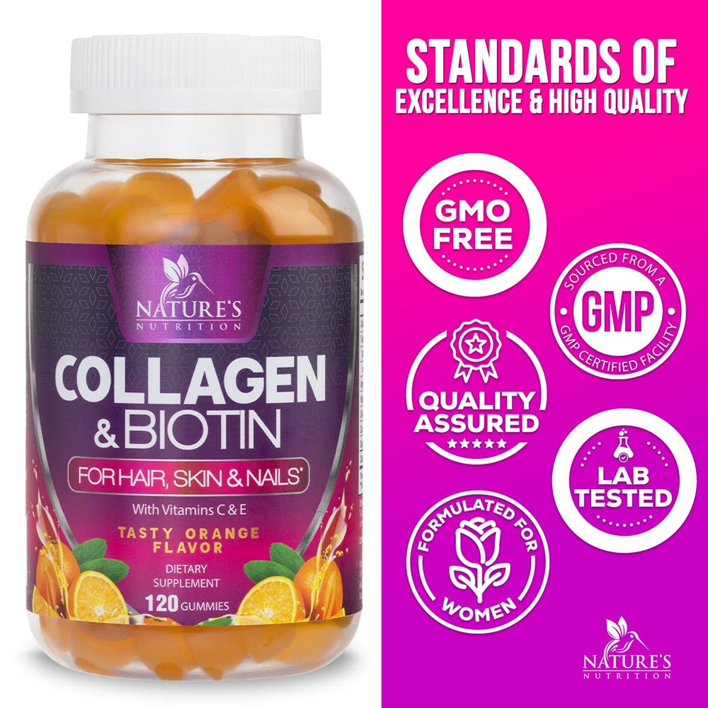 Collagen & Biotin Hair Vitamin Gummies - Extra Strength for Healthy Hair, Skin & Nails Growth Support - Collagen Peptides Gummy Supplement with Vitamins C & E - Orange Flavored, Non-Gmo - 120 Count