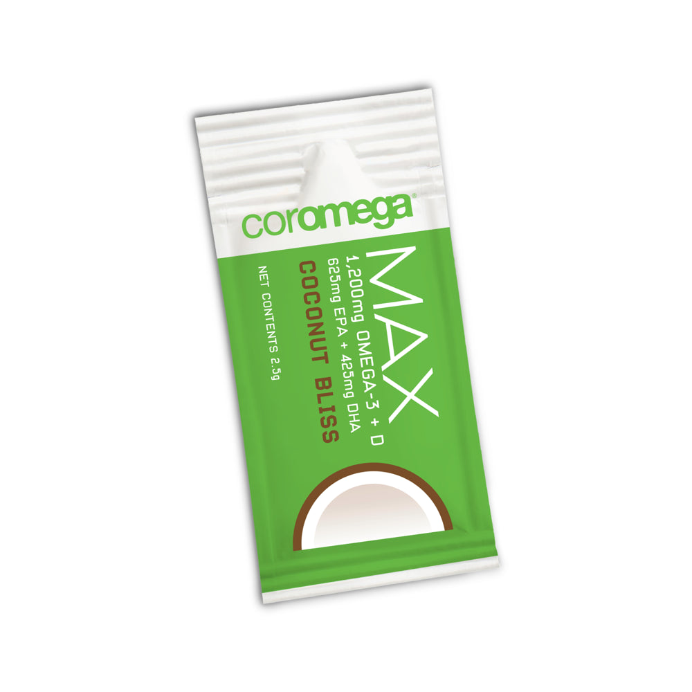 Coromega, MAX Omega-3 Fish Oil, Delicious High Concentrate Squeeze Pack, 1200Mg, Coconut, 90Ct