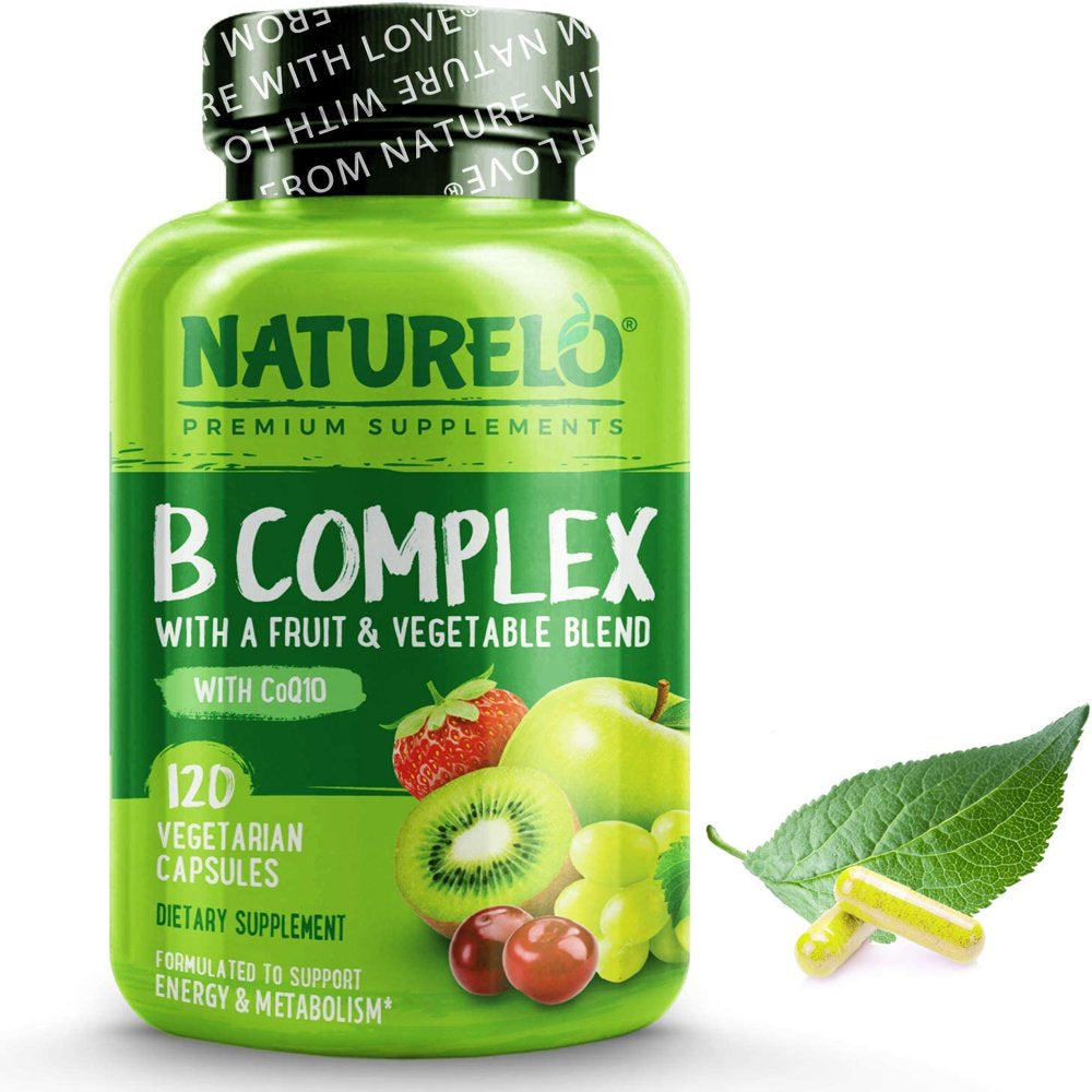 NATURELO Vitamin B Complex with Methyl B12, Methyl Folate, Vitamin B6, Biotin plus Choline, Coq10, and Fruit & Vegetable Blend - Supports Energy & Healthy Stress Response - Vegan - 120 Capsules