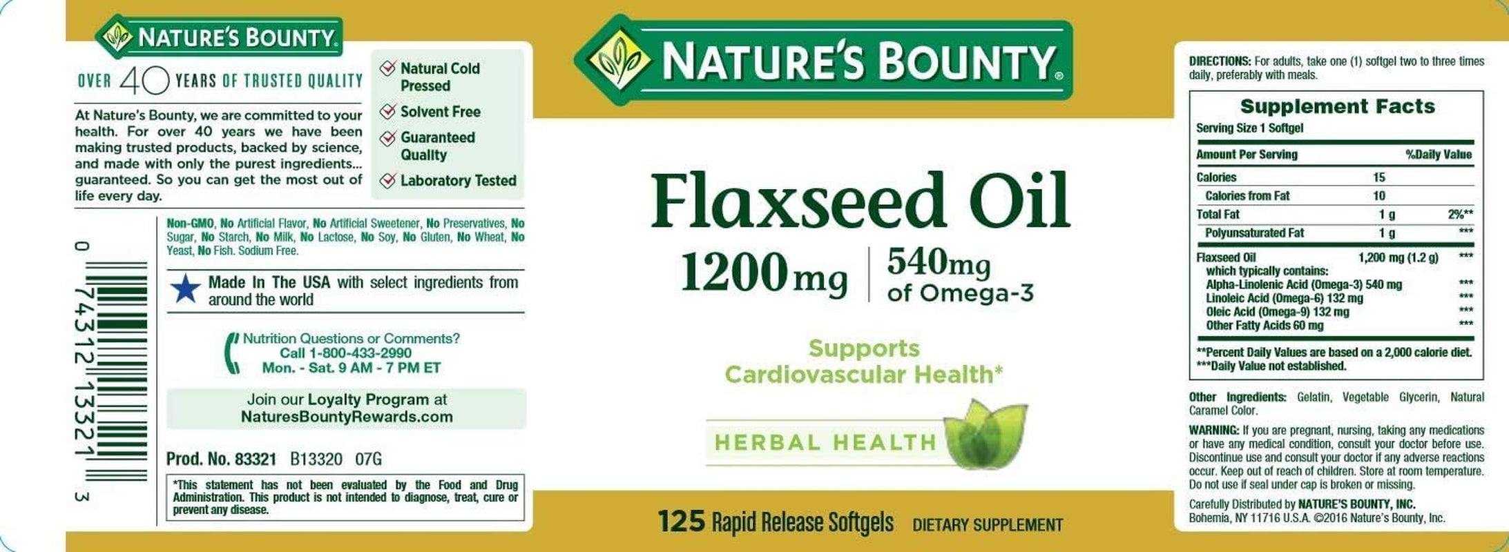 Nature'S Bounty Flaxseed Oil 1200 Mg, 125 Rapid Release Softgels