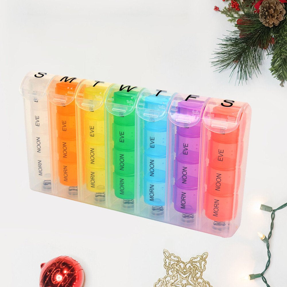 7 Days Weekly Health Care Spring Pill Box Organizer Portable 4 Times a Day Medicine Vitamin Storage Dispenser Cutter Container Colorful Drug Cases Holder for Travel