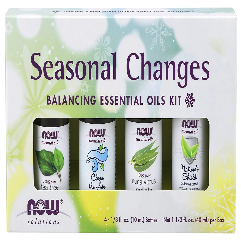 NOW Essential Oils, Seasonal Changes Balancing Aromatherapy Kit, 4X10Ml Including Tea Tree, Eucalyptus Radiata, Clear the Air and Nature’S Shield Oil Blend with Child Resistant Caps