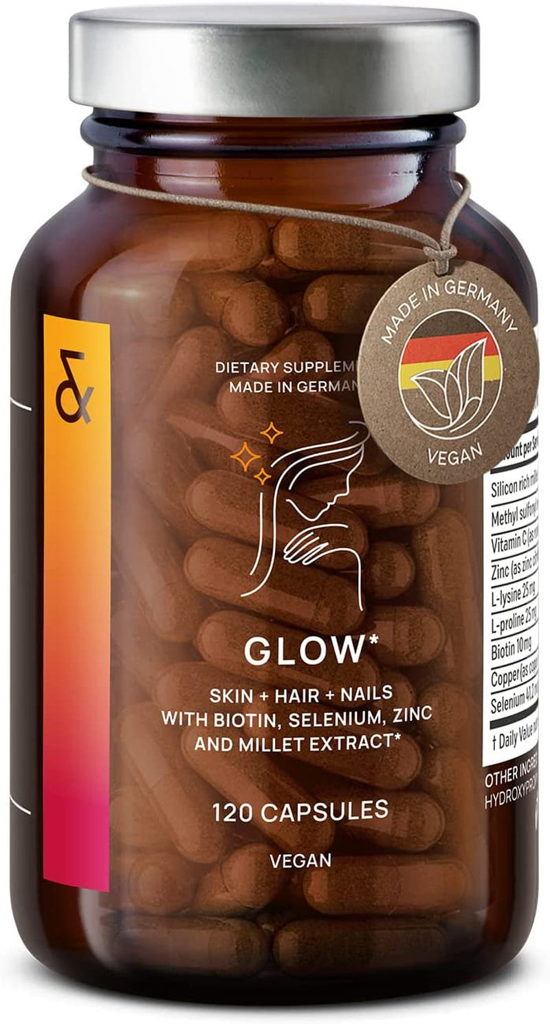 GLOW Hair Vitamins with Biotin 10000Mcg, Zinc, Selenium & Silicium-Rich Millet Extract - 120 Capsules for 60 Days Supply - Hair Skin and Nail Vitamins for Women & Men - Vegan Hair Growth Supplement