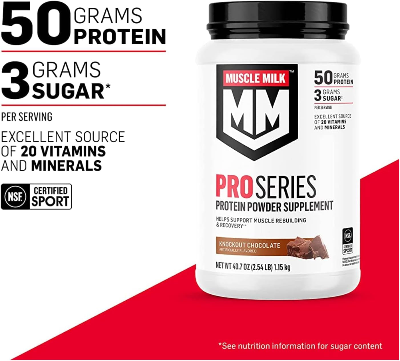 Muscle Milk Pro Series Protein Powder Supplement, Knockout Chocolate (40.7 Oz.). 50G Protein, 3G Sugar, 20 Vitamins & Minerals. Workout Recovery