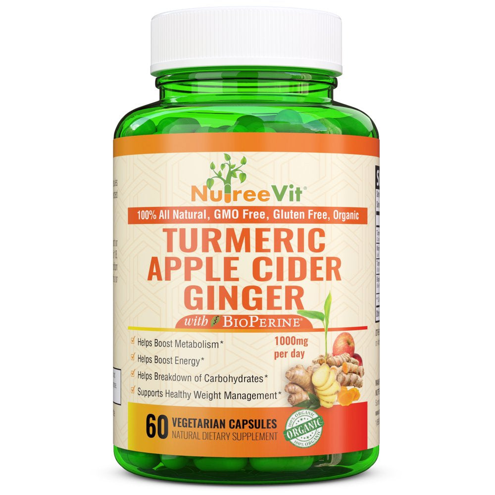 Nutreevit 100% Organic Turmeric Apple Cider Vinegar Supplement with Ginger and Bioperine. Natural Detox and Cleanse. Joint Support, Boost Metabolism, Made in USA (320 Count)