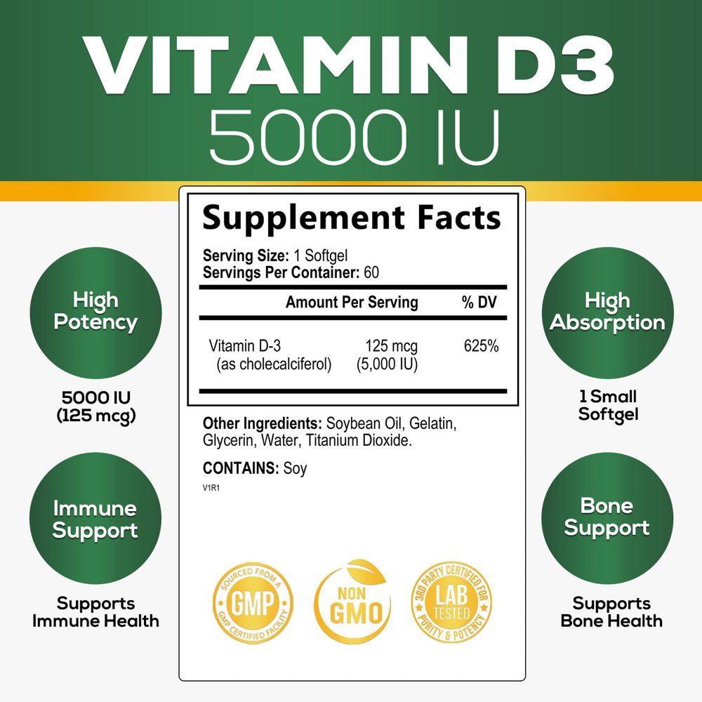 Vitamin D3 5000 IU (125 Mcg) - High Potency Vitamin D-3 Supplement (2 Month Supply) for Bone, Teeth, Muscle and Immune Health Support - Dietary Supplement, Gluten Free, Non-Gmo - 60 Softgels