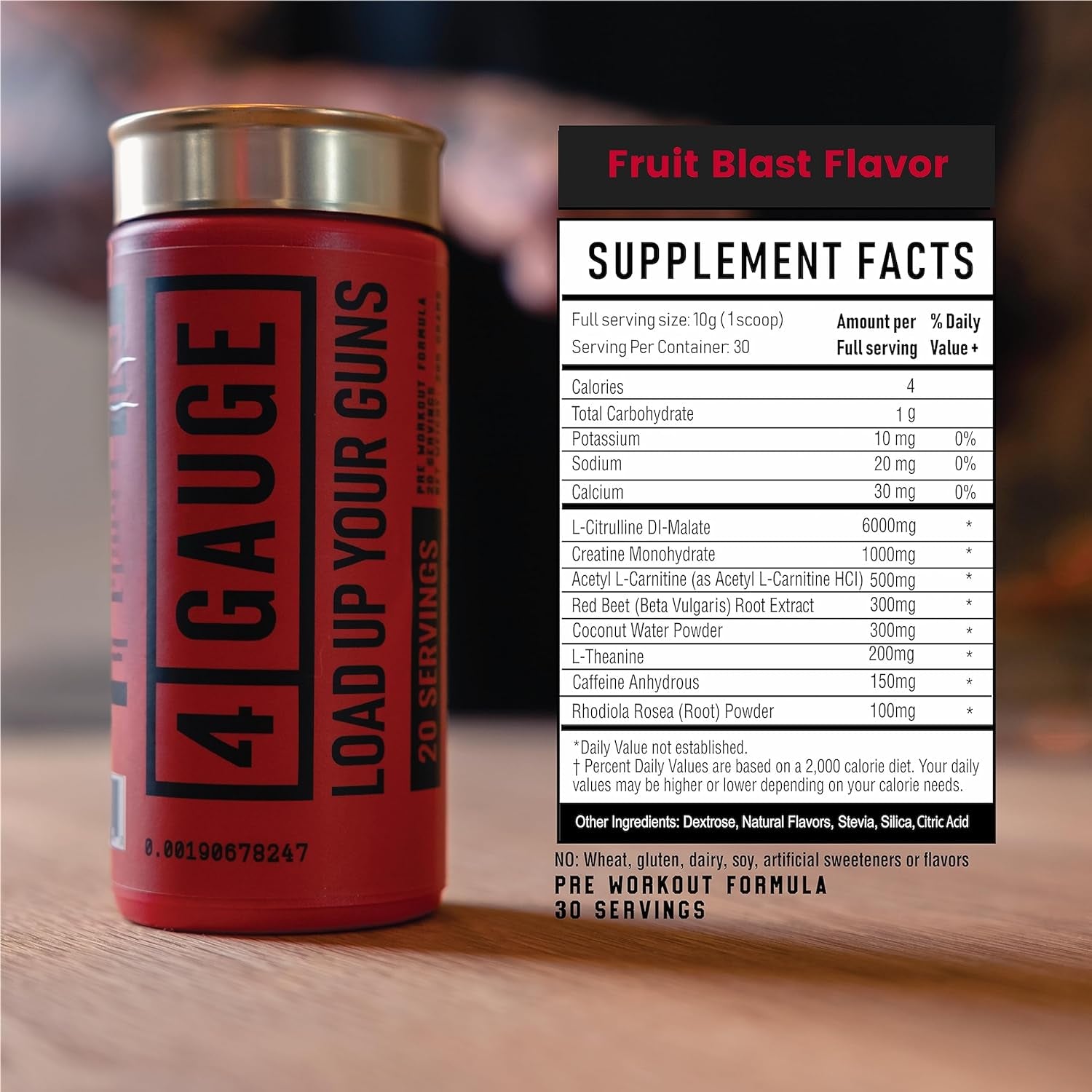 4 Gauge Natural Preworkout without the Jitters | 30 Servings | Nitric Oxide Booster | L-Citrullline, L-Carnitine, Creatine | No Artificial Ingredients (Fruit Blast)