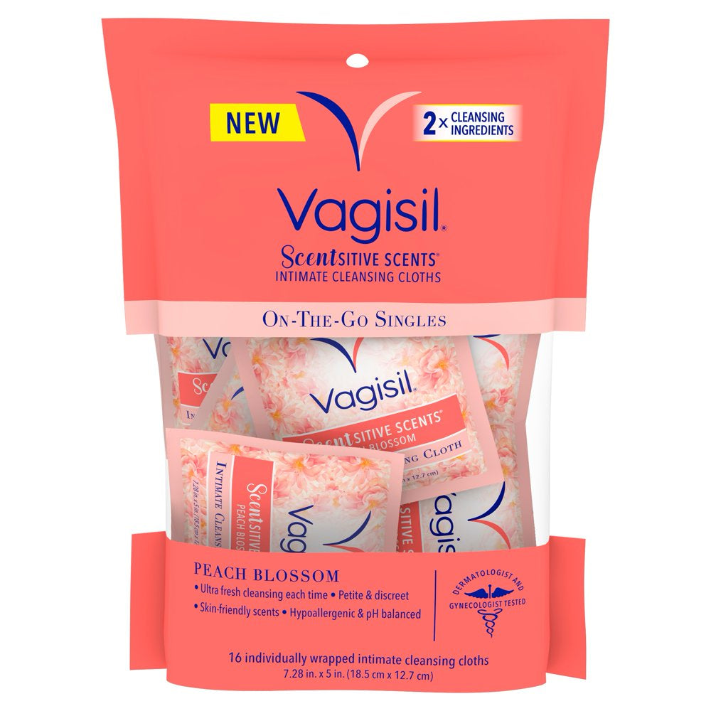 Vagisil Scentsitive Scents Peach Blossom Intimate Cleansing Wipes Cloths, 16 Count