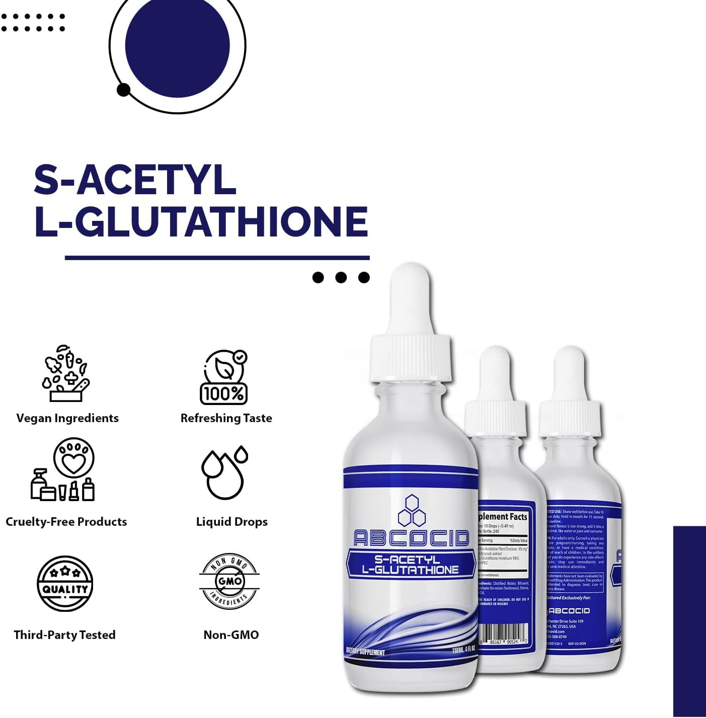 ABCOCID S-Acetyl L-Glutathione 95 Mg, 4 Oz Liquid, 240 Servings, Made in USA, Quick Absorption, Quality Potent Ingredients, Non-Gmo, GMP Certified, Cruelty-Free Products