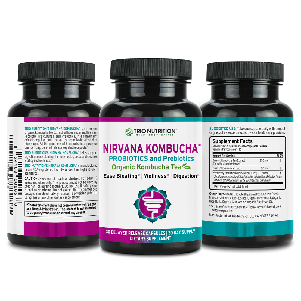 Trio Nutrition Nirvana Kombucha | Probiotic, Prebiotic & Organic Kombucha Tea | Billions of Multi-Strain Probiotics | Eases Bloating, Digestive & Immune Support for Men & Women | Supports PH Balance*