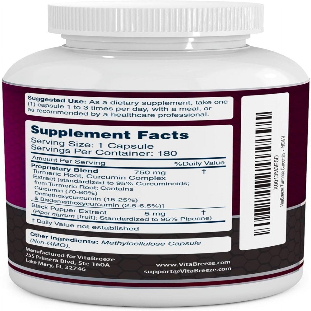 Turmeric Curcumin Complex with Black Pepper Extract - 755Mg per Capsule, 180 Veg. Caps - Contains Piperine (For Superior Absorption and Tumeric Bio-Availability) and 95% Standardized Curcuminoids