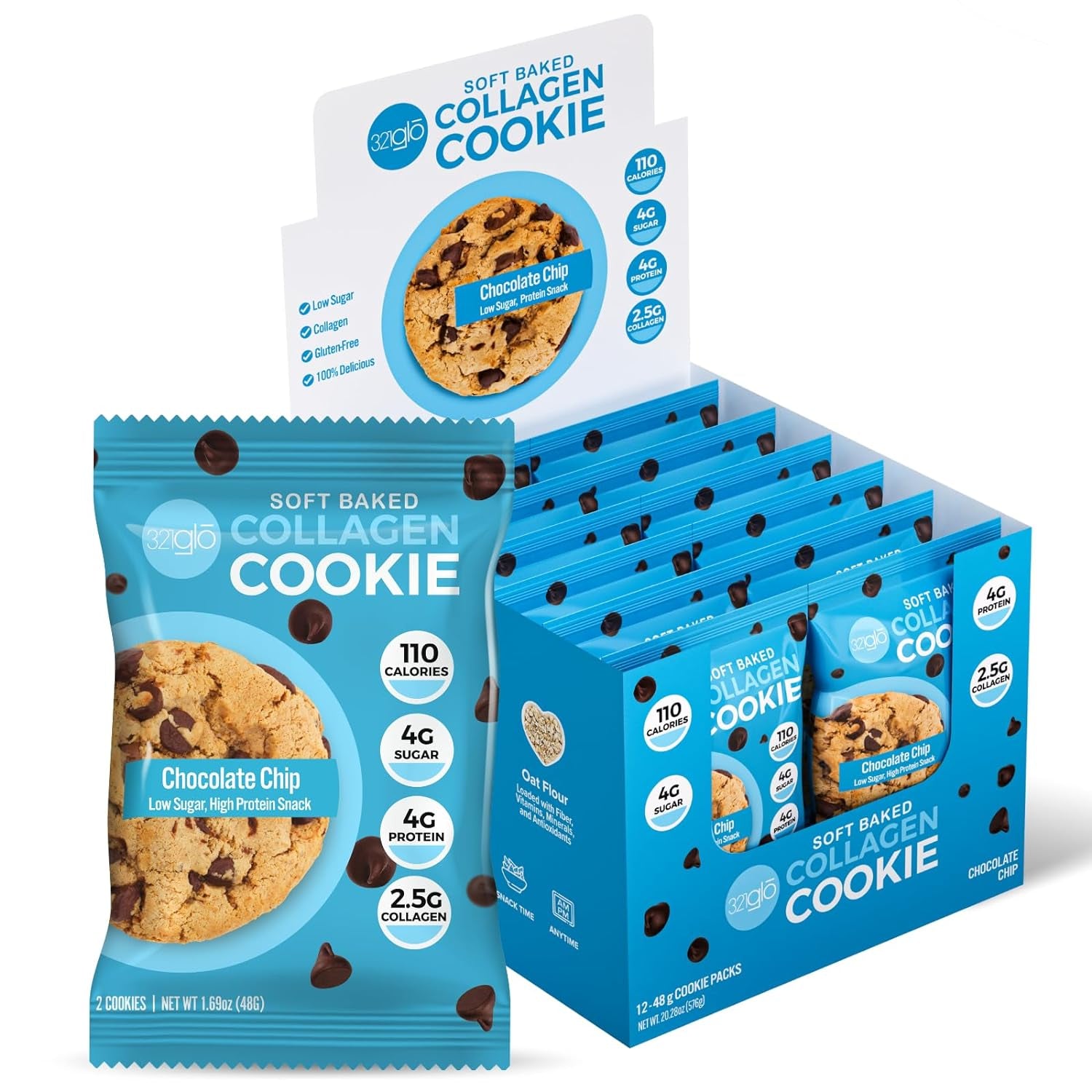 321Glo Collagen Cookies | Soft Baked, High Protein Cookies | Low Carb, Low Sugar | Keto Snack for Women, Men, & Kids | 12 Pack (Chocolate Chip)