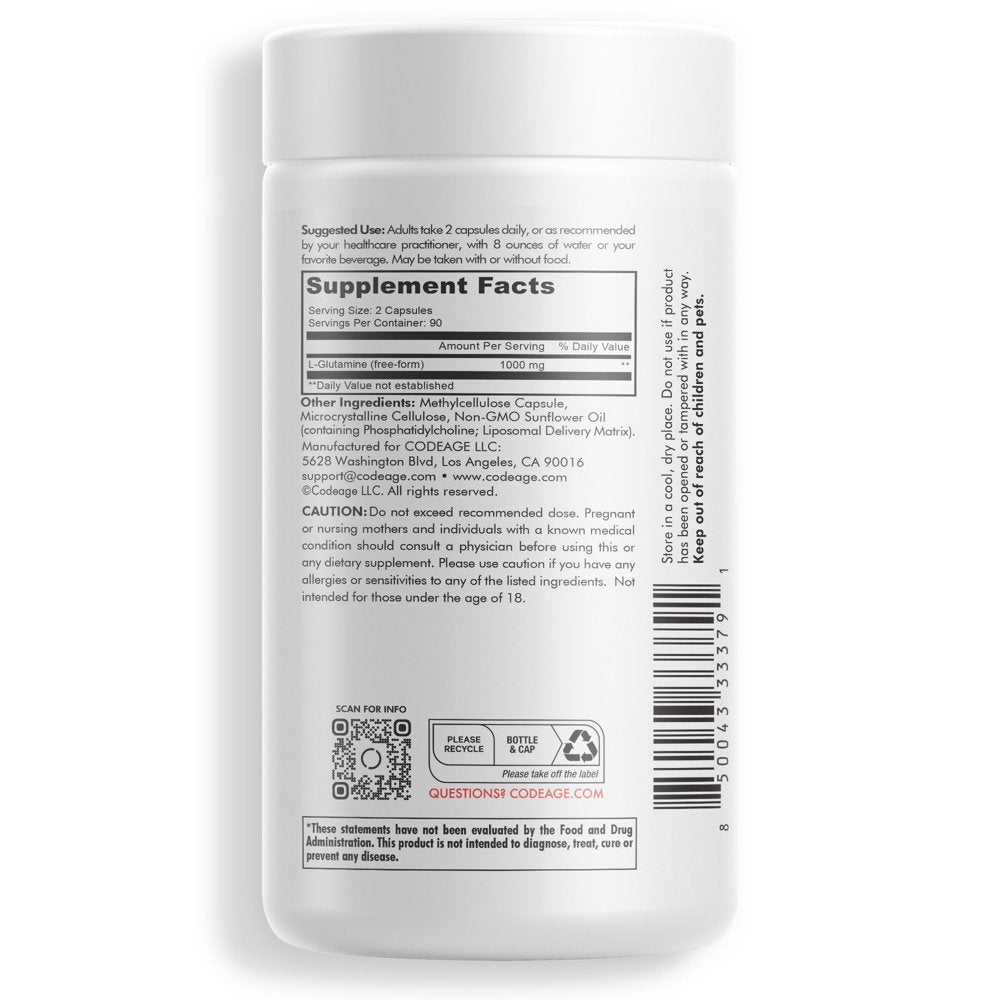 Codeage Liposomal L-Glutamine 1000Mg Supplement, Free-Form Glutamine Formula, 3-Month Supply, 180 Ct