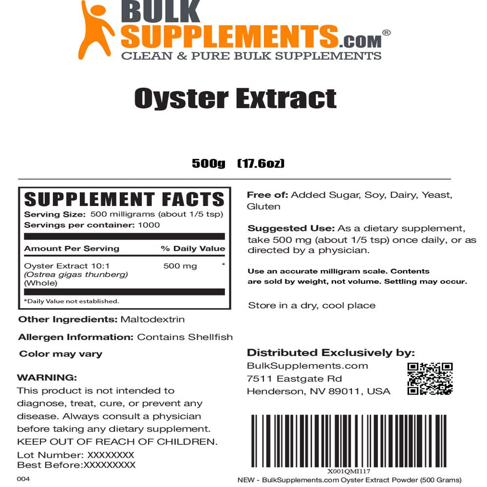 Bulksupplements.Com Oyster Extract Powder - Zinc Supplements for Men - Oyster Shell Calcium - Zinc Mineral Supplements (500G - 1000 Servings)