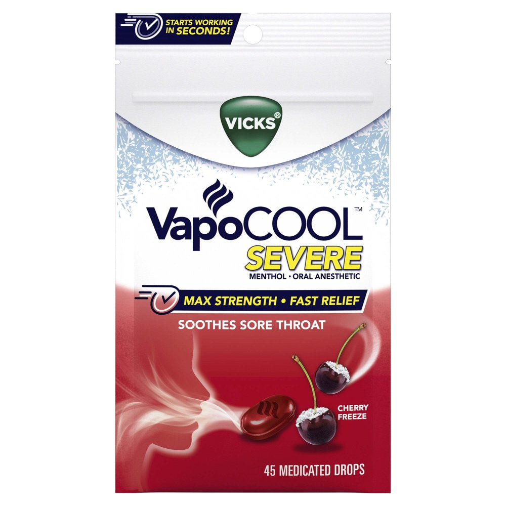 Vicks Vapocool Severe Medicated Sore Throat Drops, Menthol, Over-The-Counter Medicine, Cherry, 45 Ct