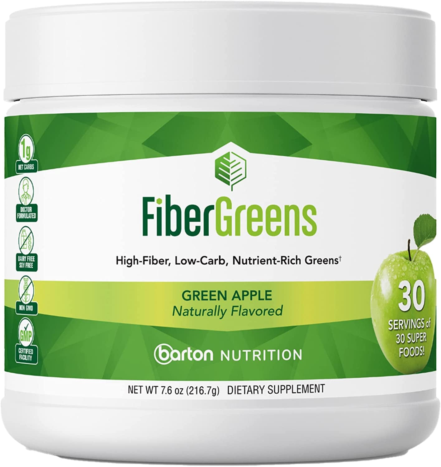 Barton Nutrition Green Apple Fiber Greens - Low-Carb Probiotics for Gut Health - Blood Function Support - Naturally Flavored Probiotic Formula with 30 Superfoods - Protects Heart Health, 30 Servings