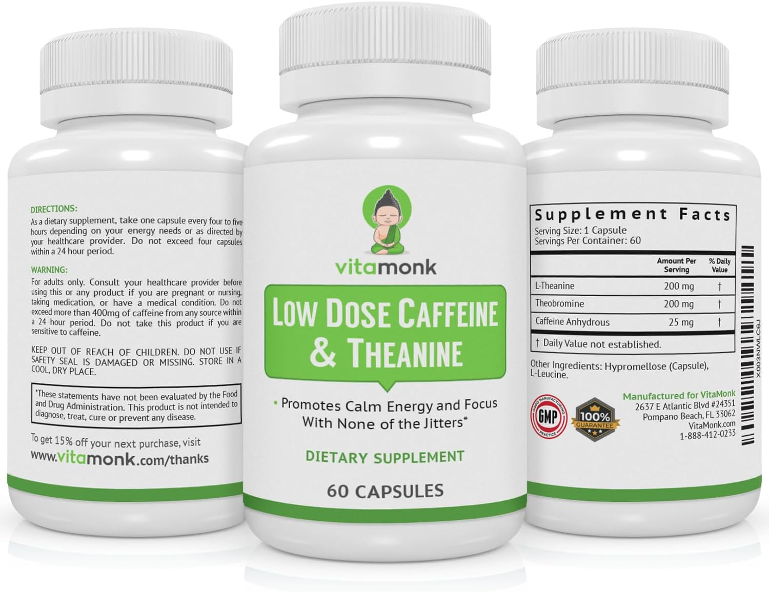 Vitamonk Low Dose Caffeine and Theanine - No Jitters, No Crash- Microdose of Caffeine L Theanine Pills with Caffeine Theanine and Theobromine - 25Mg of Caffeine, Caffeine Pills L Theanine - 60 Caps