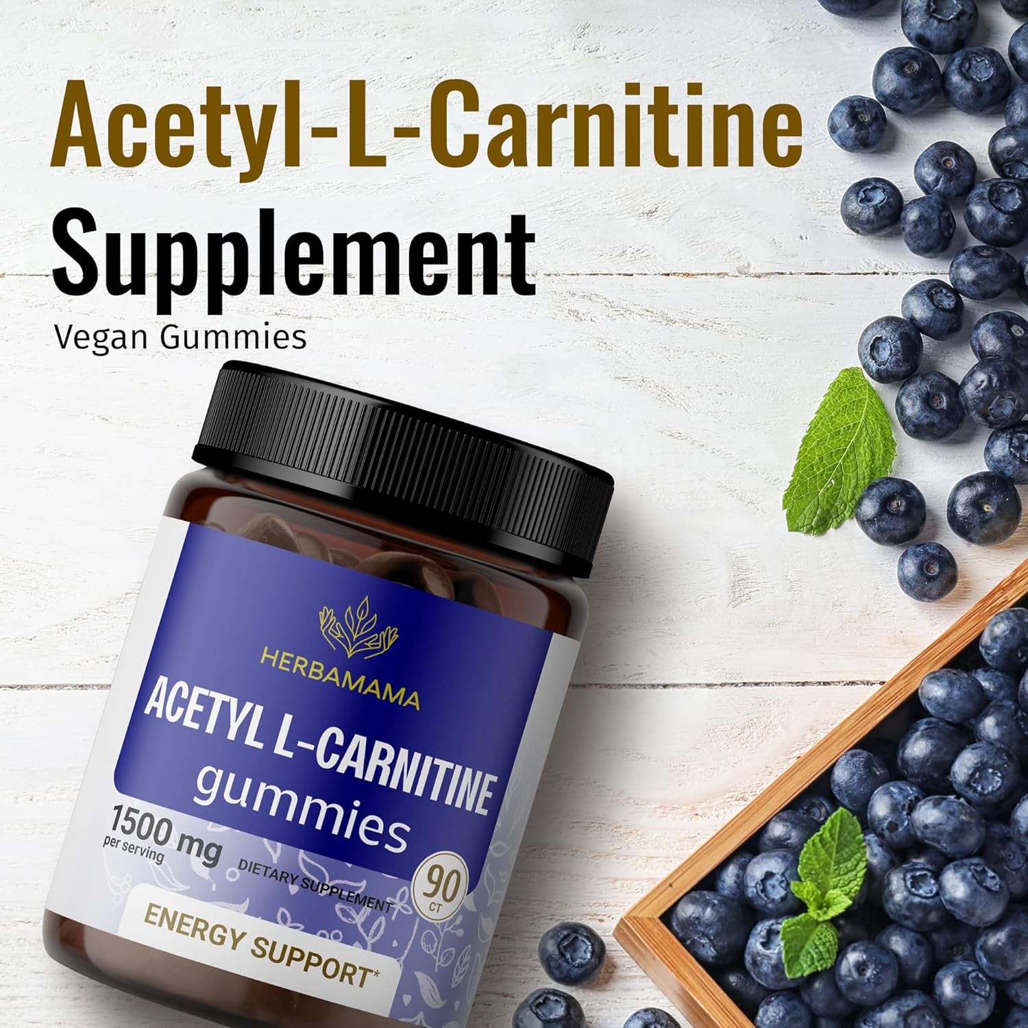 Acetyl L-Carnitine 1500Mg Gummies - Daily Energy Gummies to Support Cognitive Mental Sharpness & Immune System Function - 90 Blueberry Gummies per Bottle