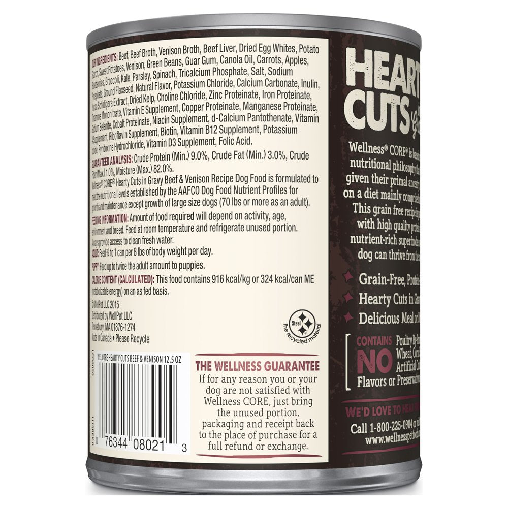 Wellness CORE Hearty Cuts Natural Wet Grain Free Canned Dog Food, Beef & Venison, 12.5-Ounce Can (Pack of 12)