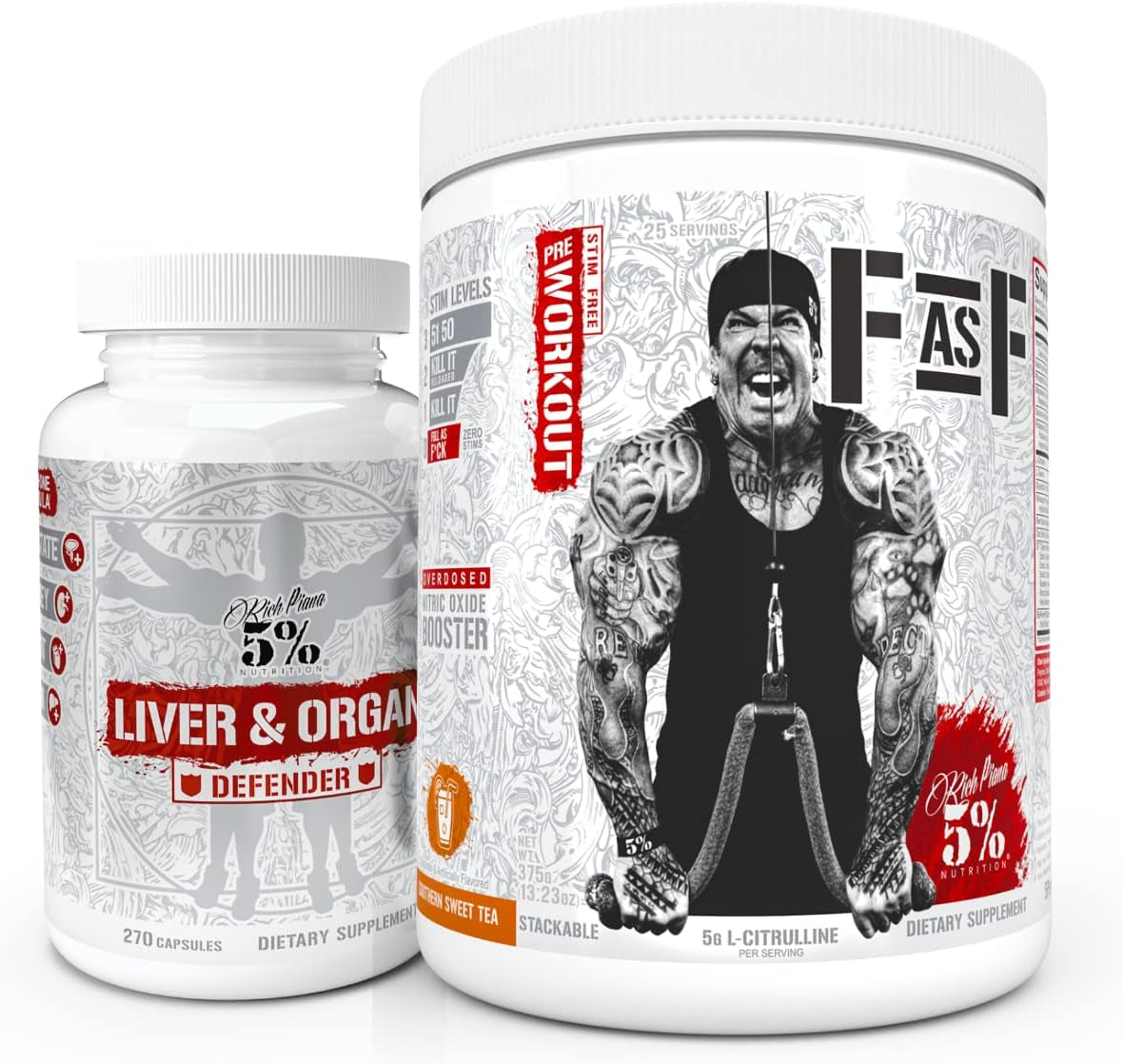 5% Nutrition 2-Stack | Liver & Organ Defender + Fasf | Liver, Kidney, & Heart Support + Non-Stim Nitric Oxide Booster Pump Pre-Workout (Southern Sweet Tea)