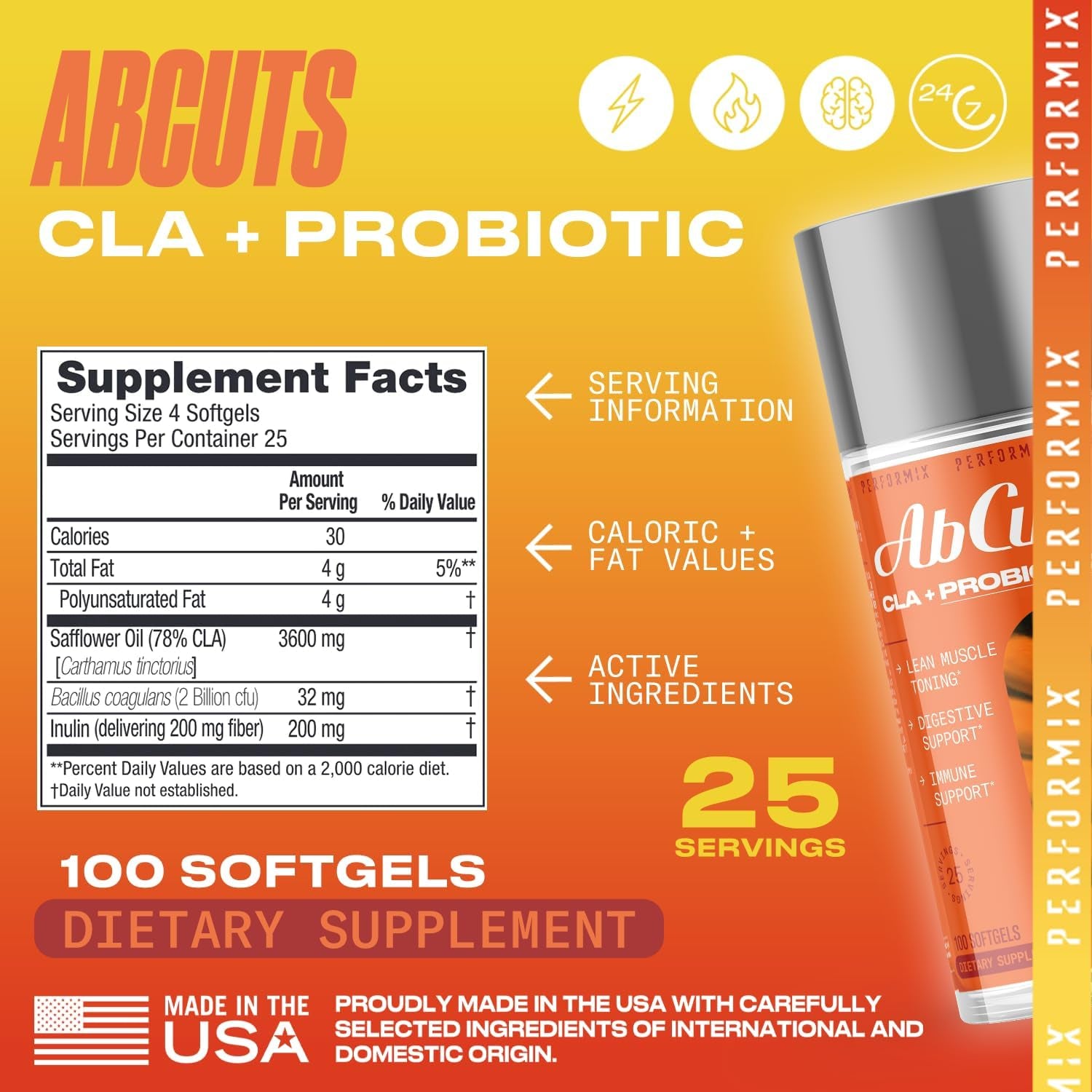 PERFORMIX - Abcuts CLA + Probiotics - Fitness Goals - Supports Lean Muscle Growth & Gut Health - Energy & Endurance - Digestive Health - Wellness - Non GMO & Gluten Free - Women & Men - 100 Softgels