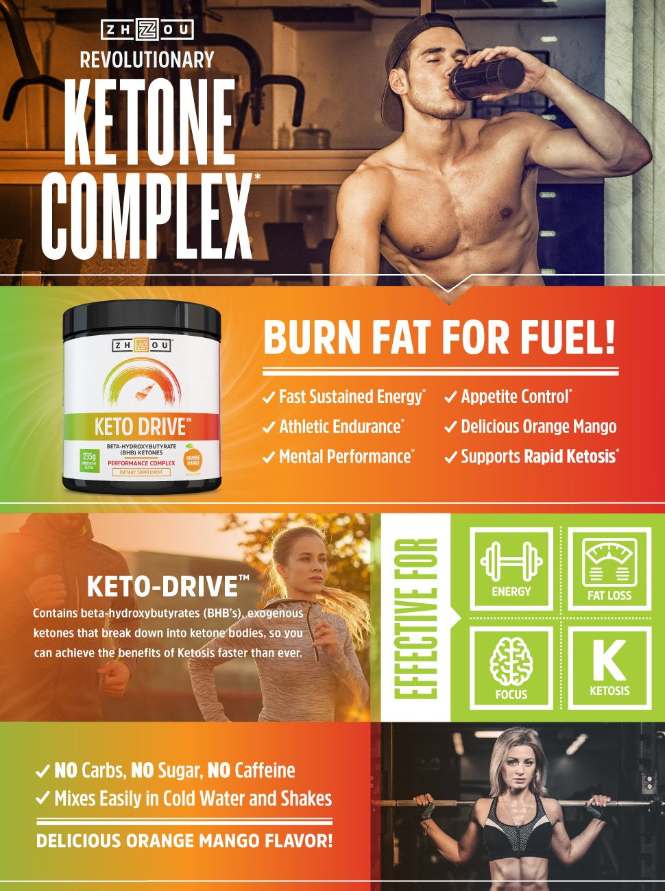 Zhou Keto Drive Exogenous Ketone Performance Complex | BHB Salts | Formulated for Ketosis, Energy and Focus | Orange Mango | 16 Servings, 8.29 Oz