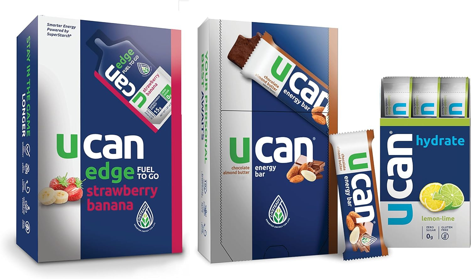 UCAN Strawberry Banana Edge, Chocolate Almond Bars, & Lemon Lime Hydrate - Sugar Free Pre Workout Powder for Men & Women Bundle - No Added Sugar, Soy-Free, Non-Gmo, Vegan, Gluten-Free, & Keto-Friendly