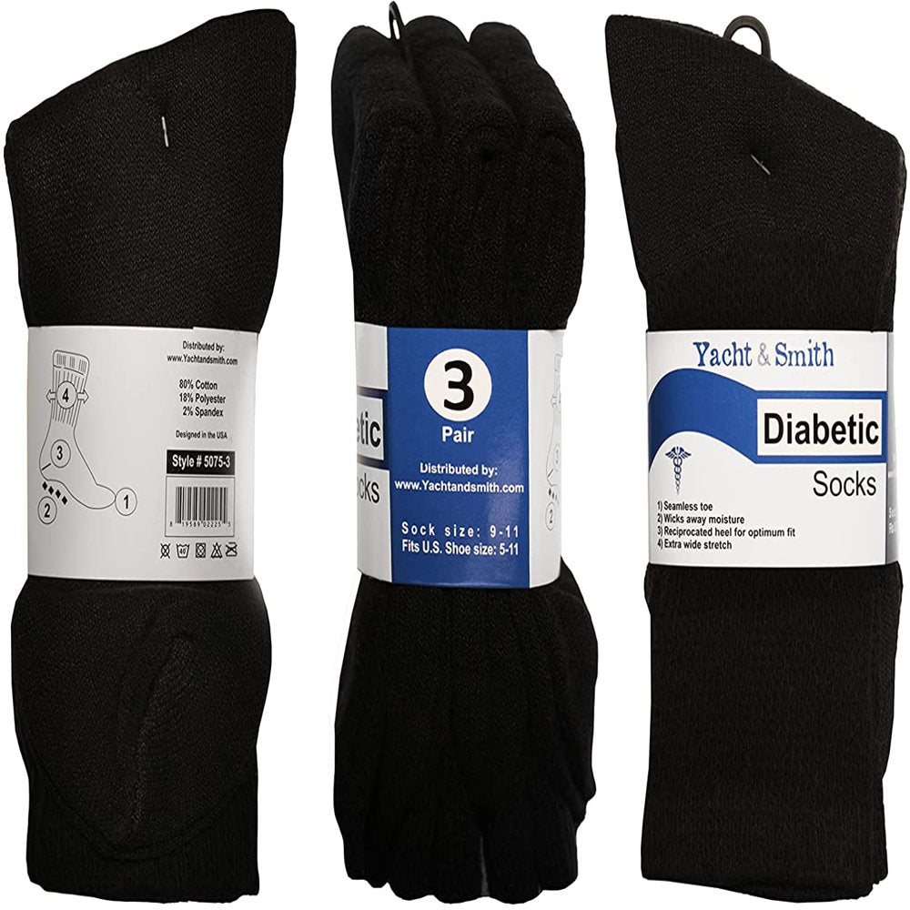 6 Pair of Excell Ladies Diabetic Neuropathy Socks, Sock Size 9-11 (Black)