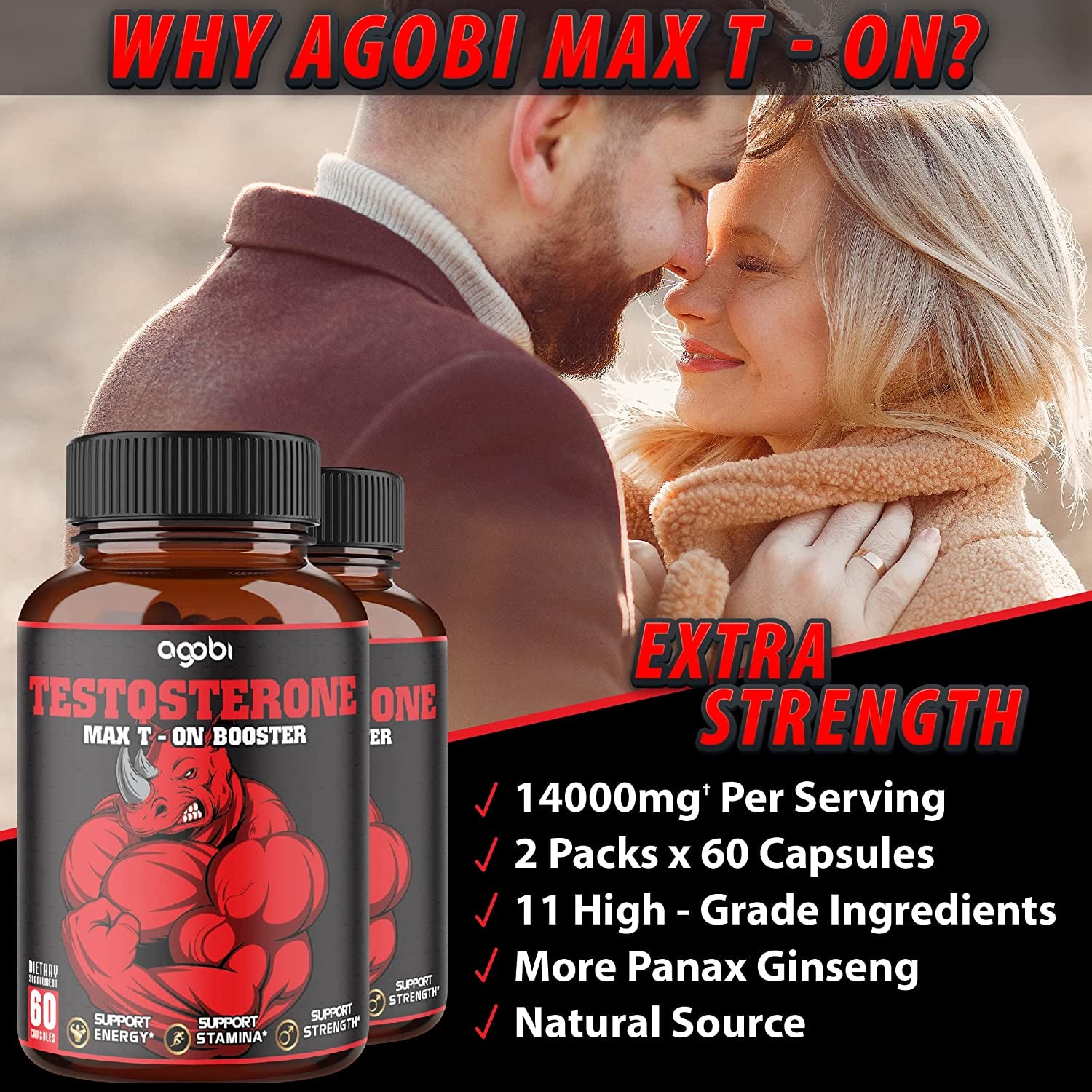 2 Packs 60 Capsules 14000Mg Testosterone Booster for Men, Muscle Build, Energy & Endurance Support - 11 Herbs Combined with Ginseng, Ashwagandha, Tribulus & More