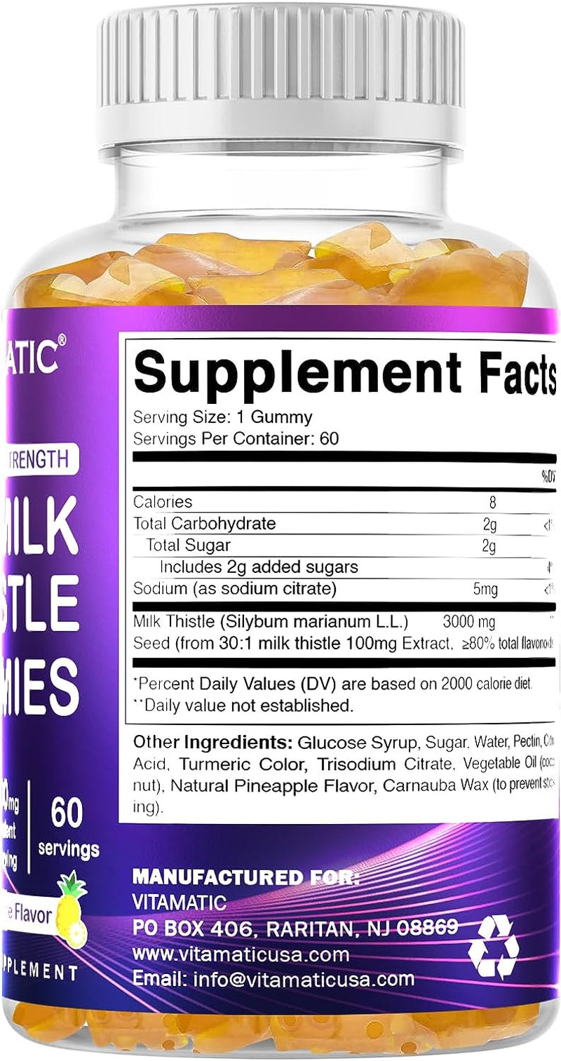 Vitamatic Milk Thistle Gummies - 3000 Mg Equivalent - Liver Detox & anti Oxidant Health - Min. 80% Silymarin Flavonoids - 60 Pectin Based Gummies