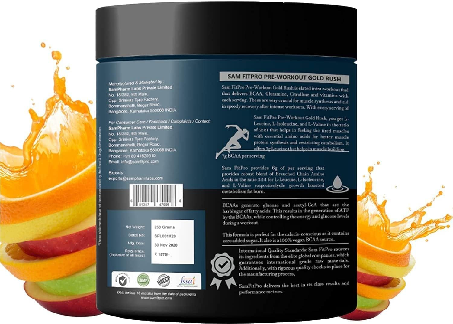 CROW Samfit Pro 100% BCAA Gold Rush Pre Workout Supplement 250G - Fruit Splash