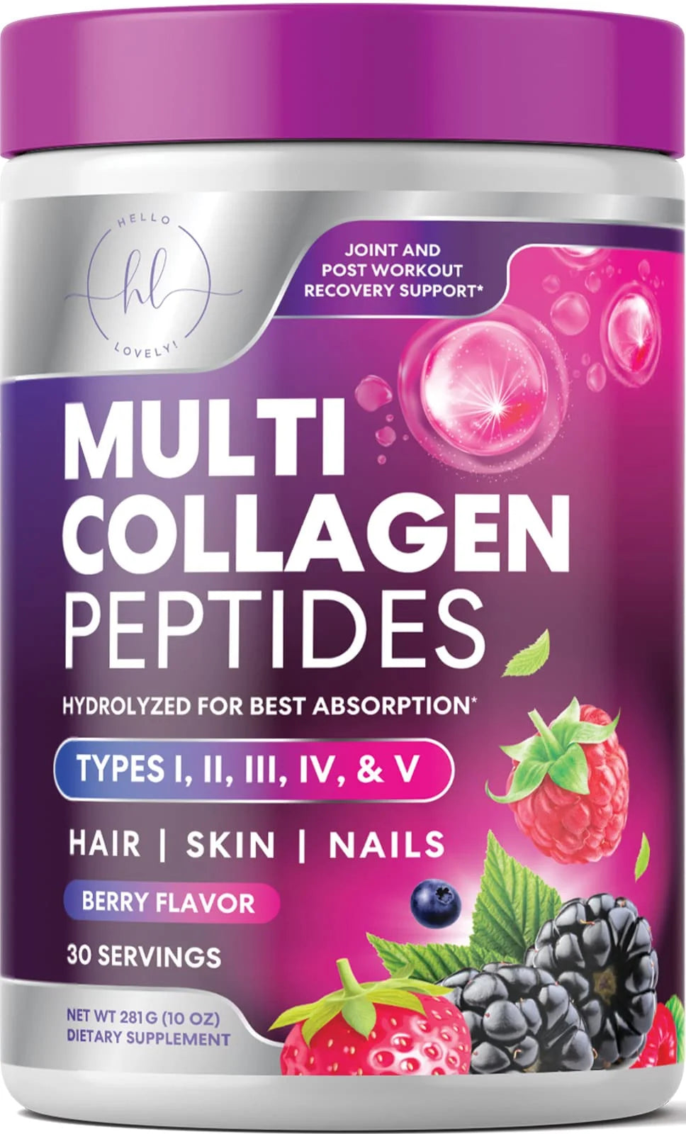 Hello Lovely! Hydrolyzed Collagen Peptides Powder - Grass Fed Multi Collagen Protein Supplement, Hair, Skin, Nails & Joint Support, Keto & Paleo, Non-Gmo, Type I, II, III, IV & V - 30 Servings