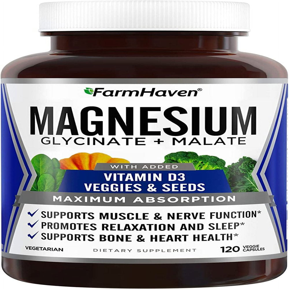 Farmhaven Magnesium Glycinate & Malate Complex W/Vitamin D3, 100% Chelated for Max Absorption, Vegetarian Bone Health, Nerves, Muscles, 120 Capsules, 60 Days Magnesium 120 Count (Pack of 1)