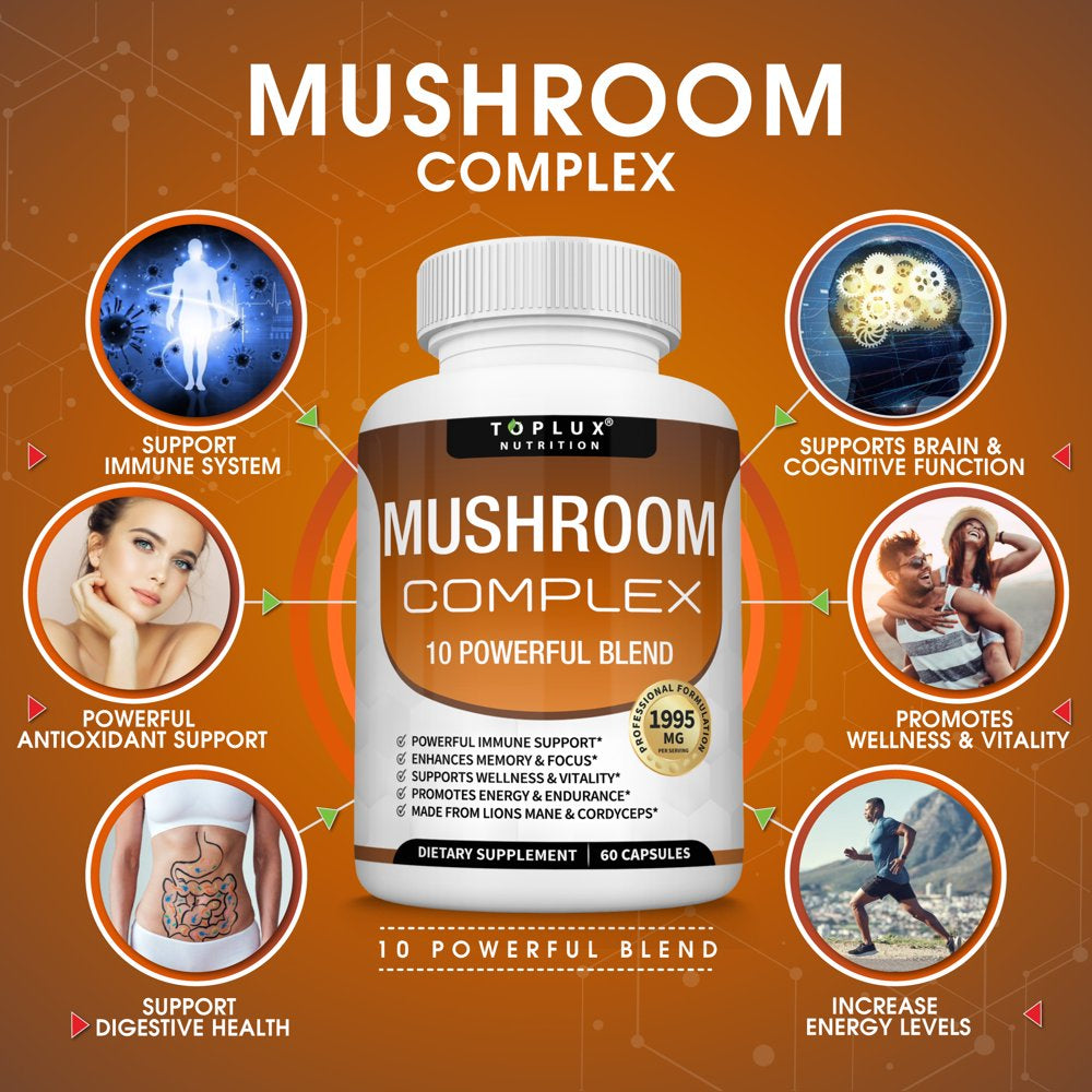 Toplux Mushroom Complex 10 Powerful Blend with Lion'S Mane Cordyceps Reishi Nootropic 60 Capsules 2 Pack