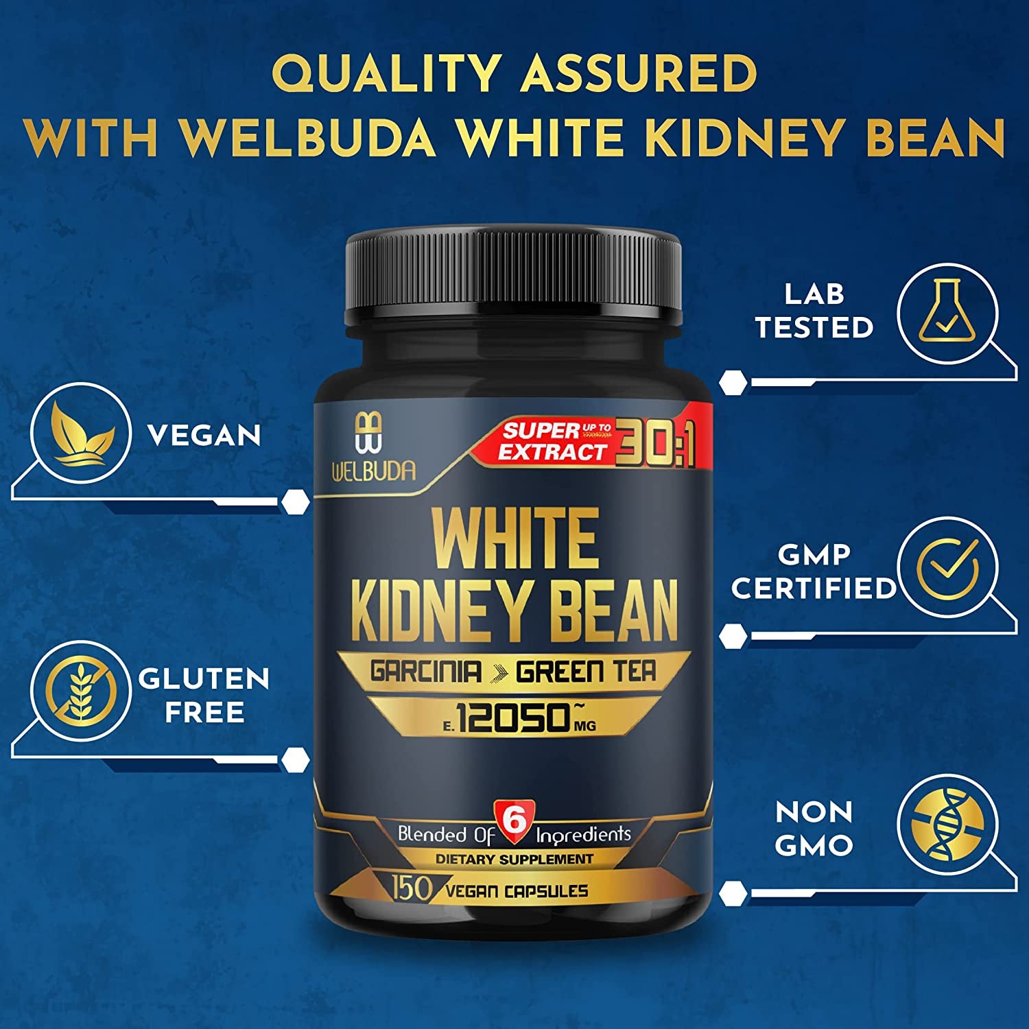 WELBUDA White Kidney Bean Extract Capsules - Combined Garcinia, Green Tea, Olive Leaf, Green Coffee & More - 150 Counts - Herbal Supplement for 5 Months