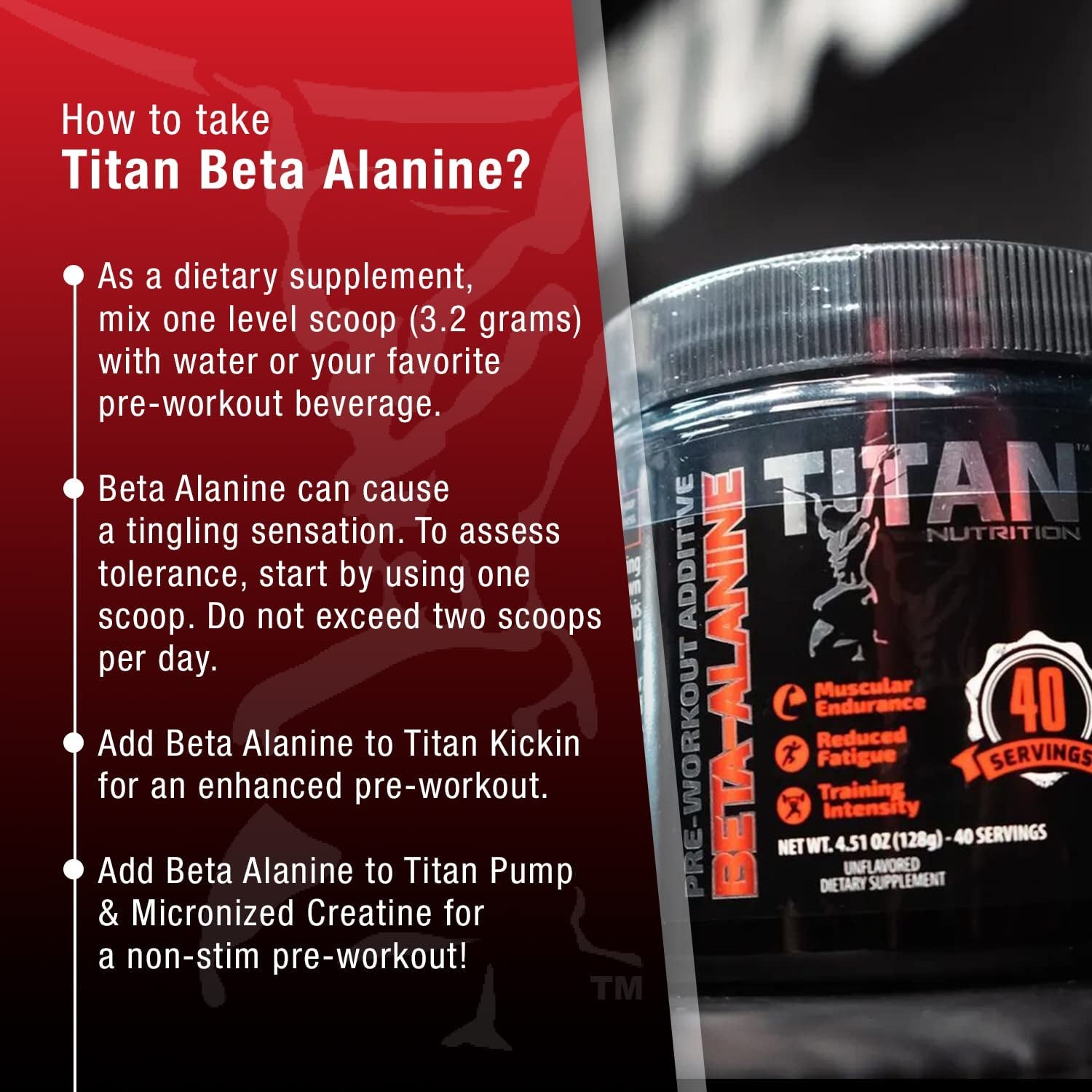 Titan Nutrition Beta Alanine, Unflavored - Preworkout Carnosine Booster for Physical Endurance, Reduce Lactic Acid & Muscle Fatigue, Support Workout Capacity for Weightlifting & High Intensity Cardio