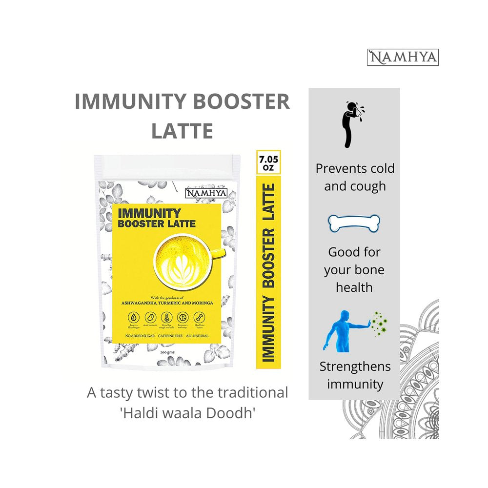 NAMHYA Immunity Booster Latte, 100% Natural with Goodness of Turmeric, Ashwagandha, Coconut Flakes, Tulsi (Basil) & Moringa, 3.53 Oz (100 Grams)