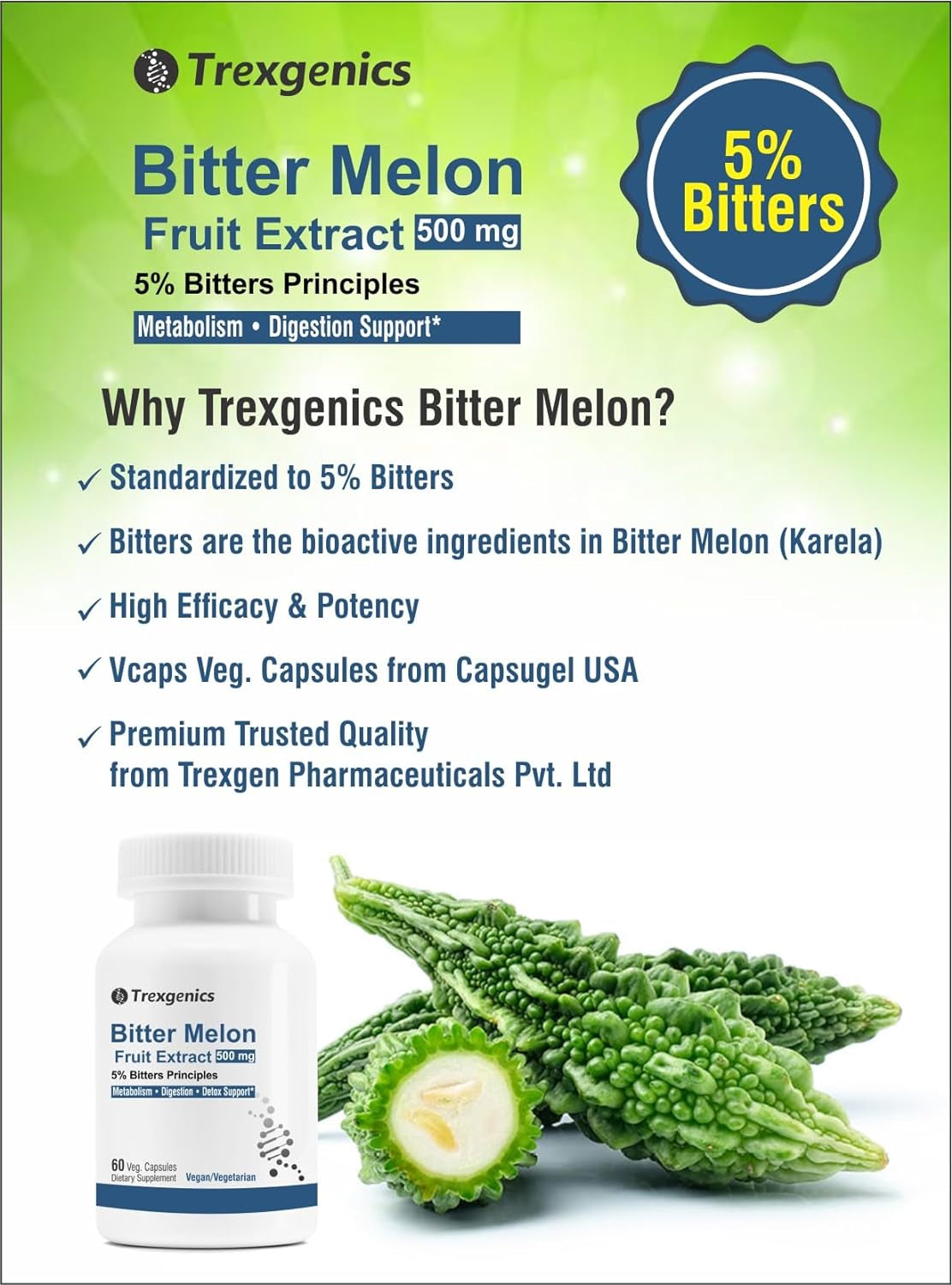 Trexgenics® Bitter Melon (Karela) (5% Bitters) 500Mg Vegan & Gluten Free Premium (60 Vcaps) (Pack of 1)