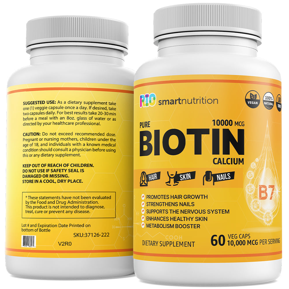 Biotin Pure & Calcium Supplement, 60 Vegan Capsules, for Hair, Skin, Nails, Bones, and Teeth by Rio
