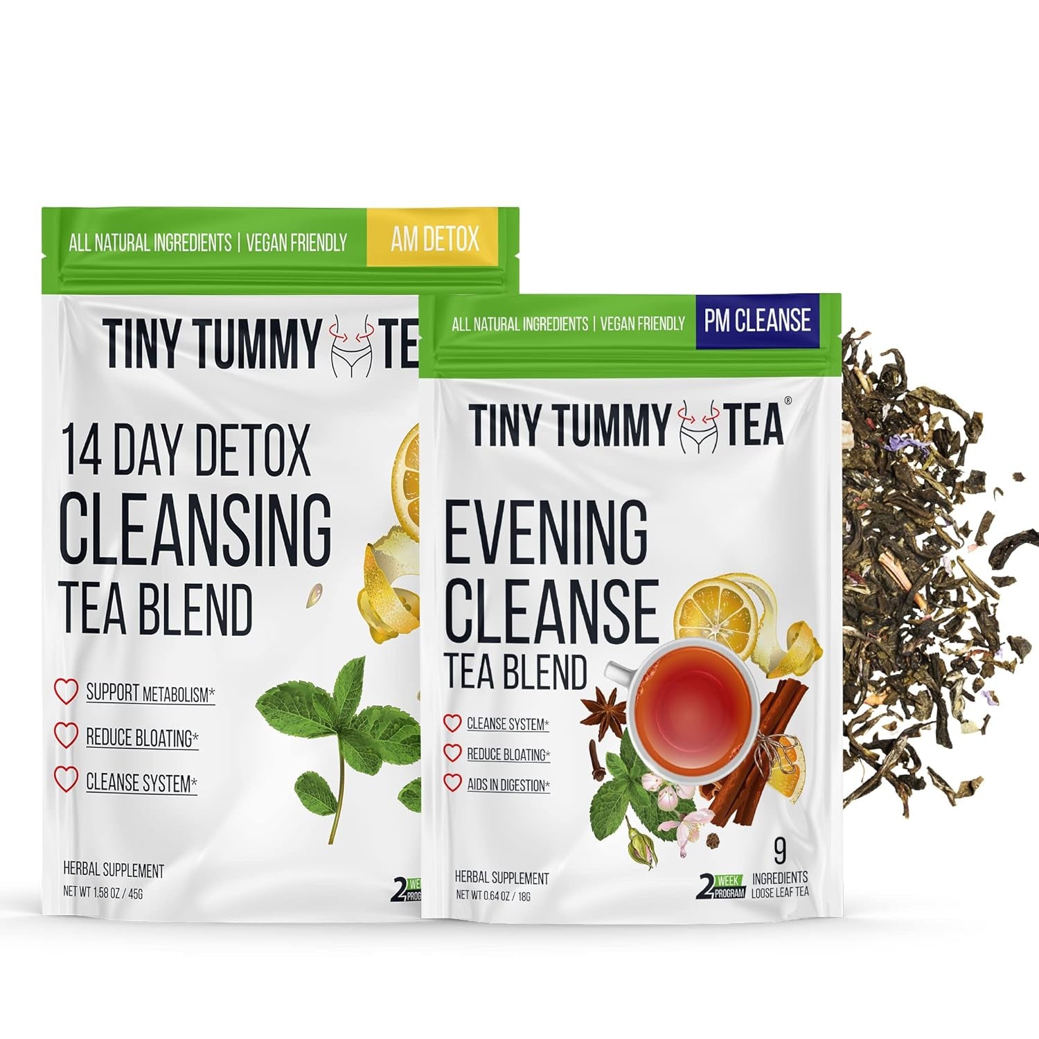 Tiny Tummy Tea 2-Step 14 Day Cleanse Detox with Tea Infuser - 1 Daytime Dandelion Tea, 1 Evening Senna Tea, 1 Optional Tea Infuser, Vegan, Reduce Bloating, All Natural (No Infuser)