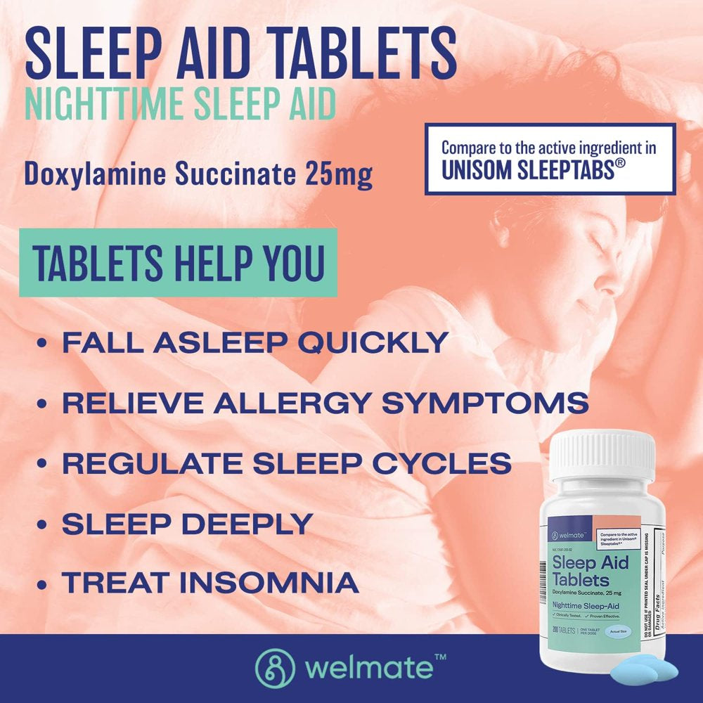 Welmate Sleep Aid - Doxylamine Succinate 25 Mg - Insomnia Support - USA Made - 200 Count Tablets