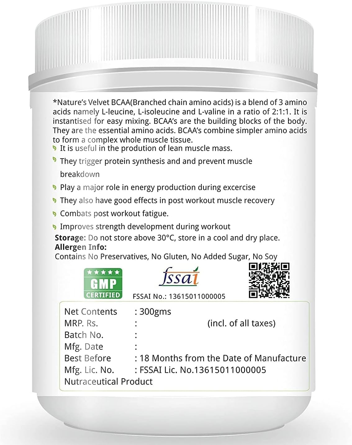 Natures Velvet Lifecare Instantized BCAA 5000 Mg Powder, 300Gms, 60 Servings - Pack of 1