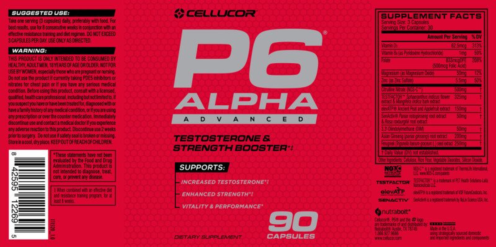 Cellucor P6 Alpha Advanced - Enhanced Support for Men Supports Muscle Growth & Strength Natural Support Supplement with TESTFACTOR, Ginseng -90 Veggie Caps