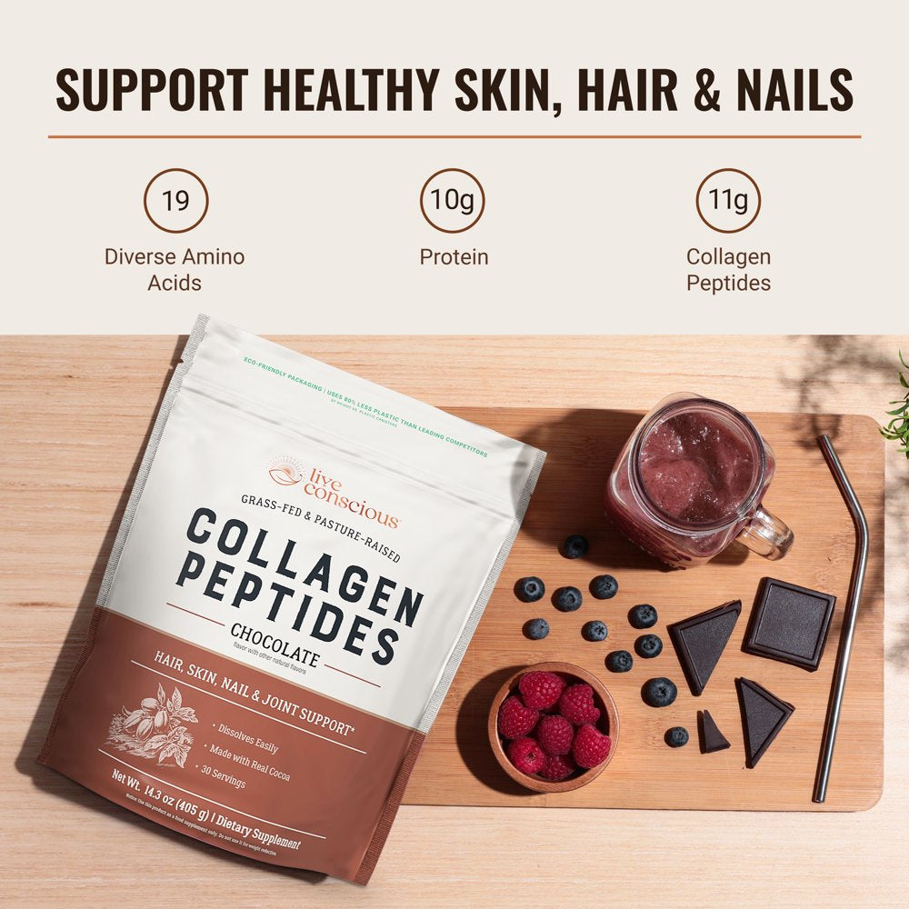 Live Conscious Peptides Chocolate - Grass-Fed, Pasture-Raised Types I & III Collagen & 19 Diverse Amino Acids Support Skin, Hair, Nails & Joint Health. Delicious Chocolate Flavor. 30-Day Supply